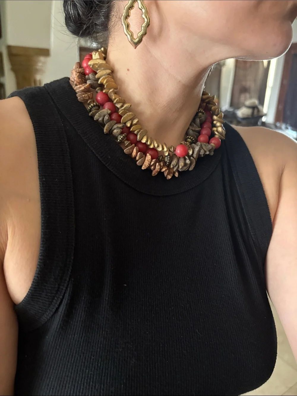 Red and Gold Beaded Statement Necklace